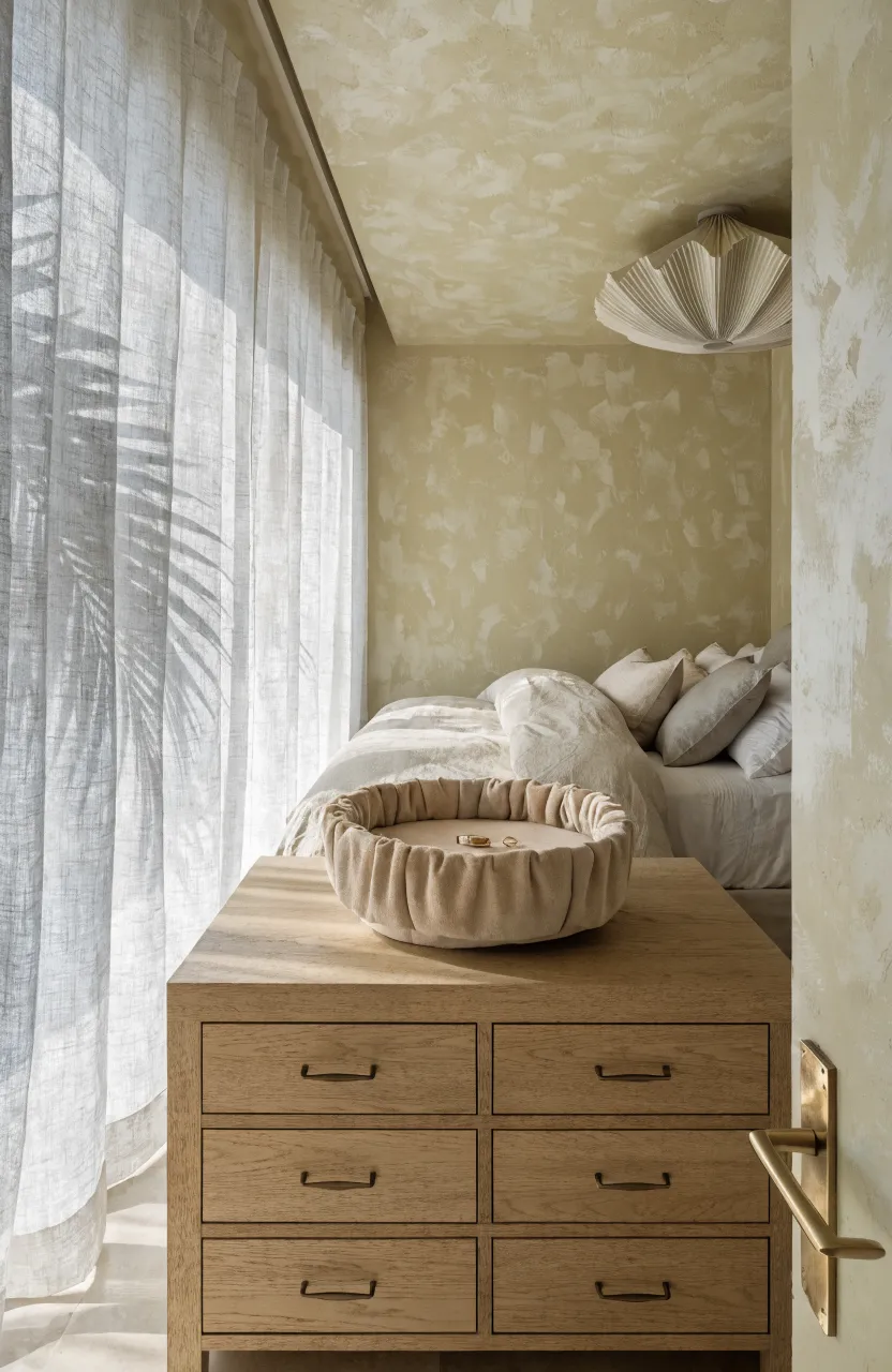 A beige suede jewelry tray on an oak dresser in a sunlit, warm neutral bedroom.