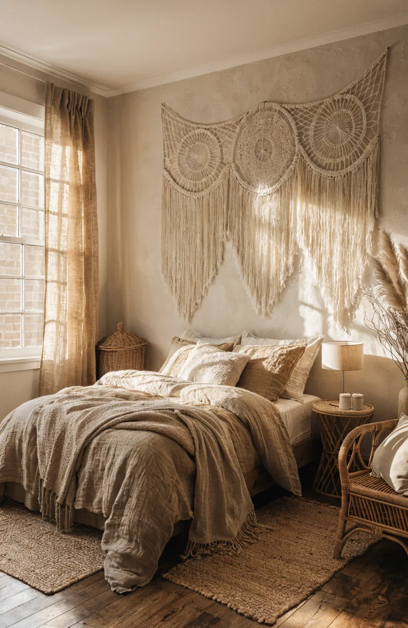 An unbleached cotton macramé wall hanging centered above a bed in a warm beige room.