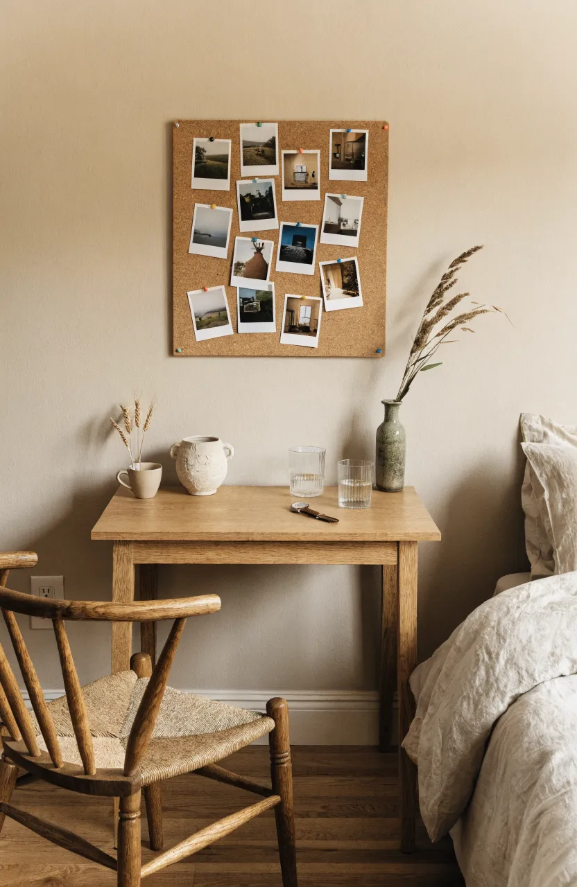 A natural cork pinboard with photos on a beige wall in a minimalist bedroom.