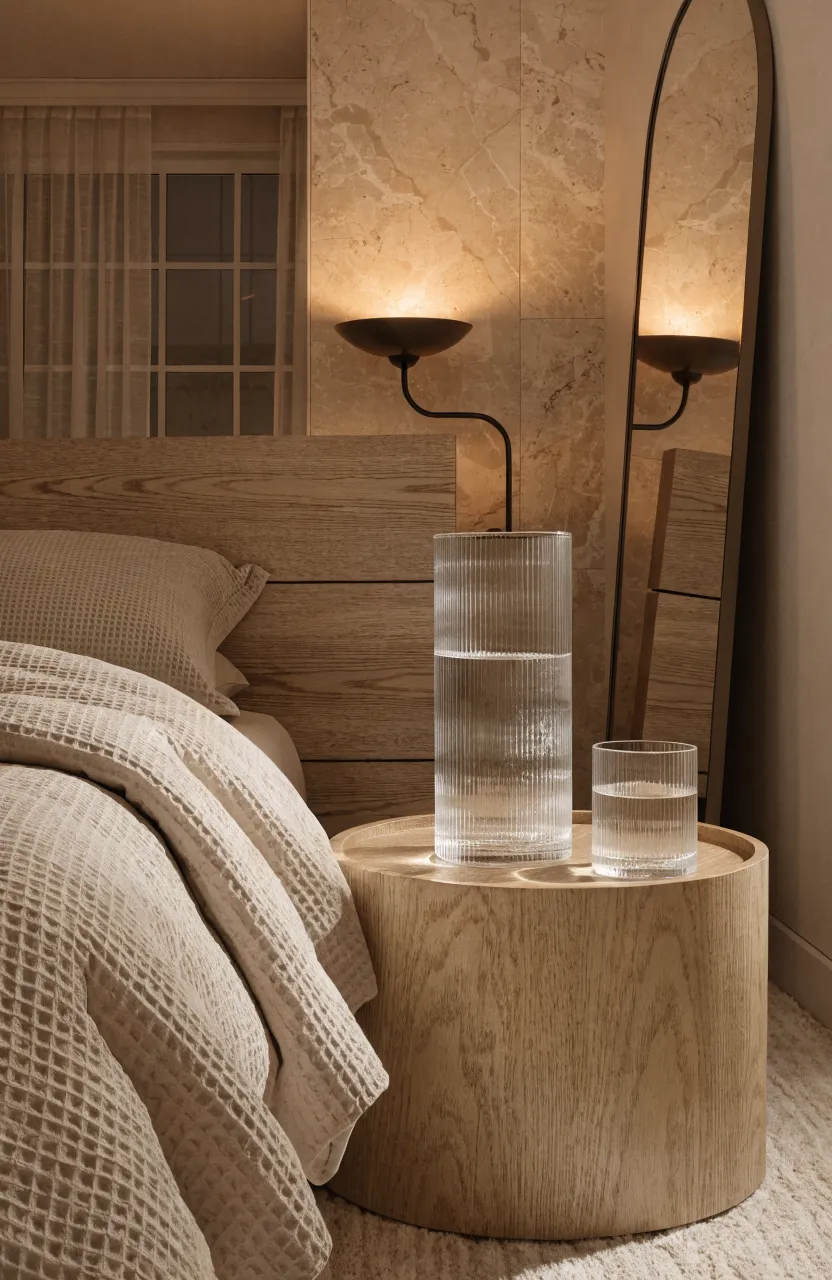 A ribbed glass water carafe set on a nightstand in a cozy beige bedroom.