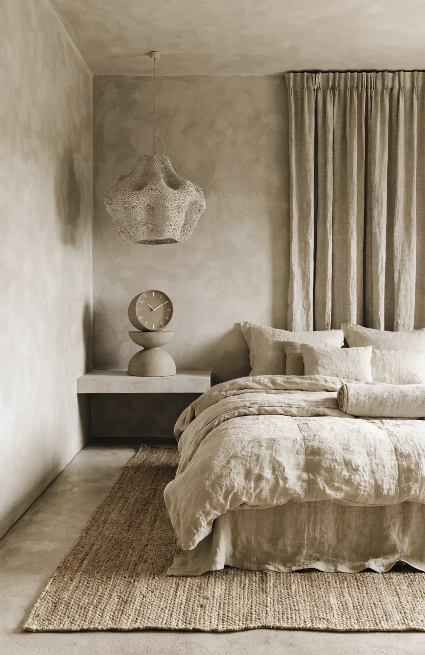 A matte sand-colored clock on a shelf in a monochromatic beige bedroom.