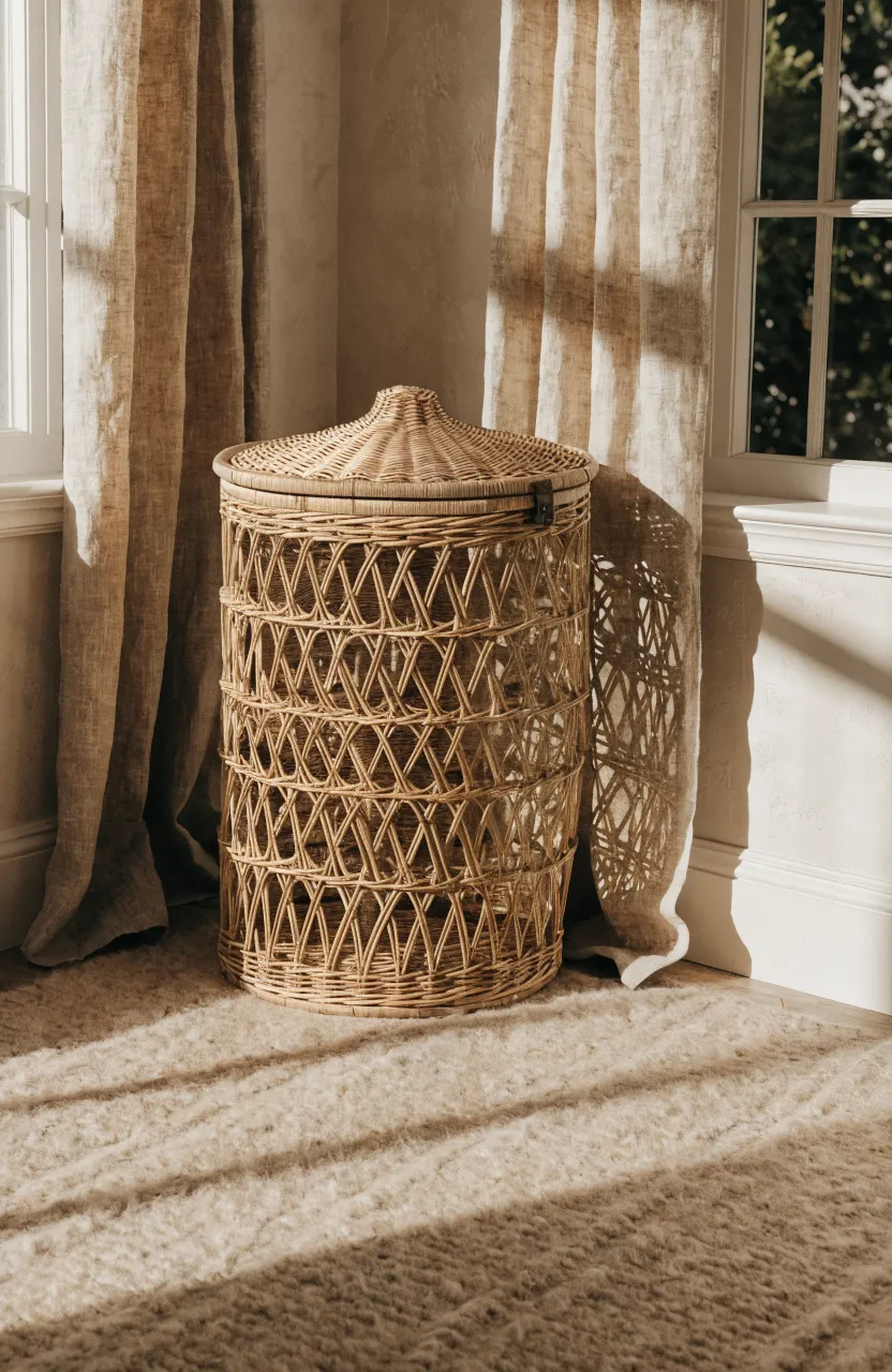 A woven willow laundry hamper in the corner of a warm beige bedroom.