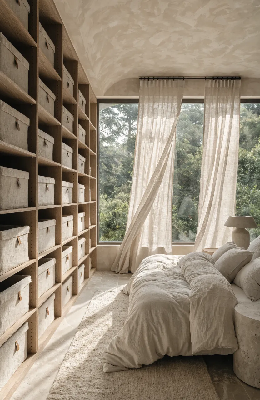 A serene beige bedroom featuring organized linen-wrapped storage boxes on light wood closet shelves.