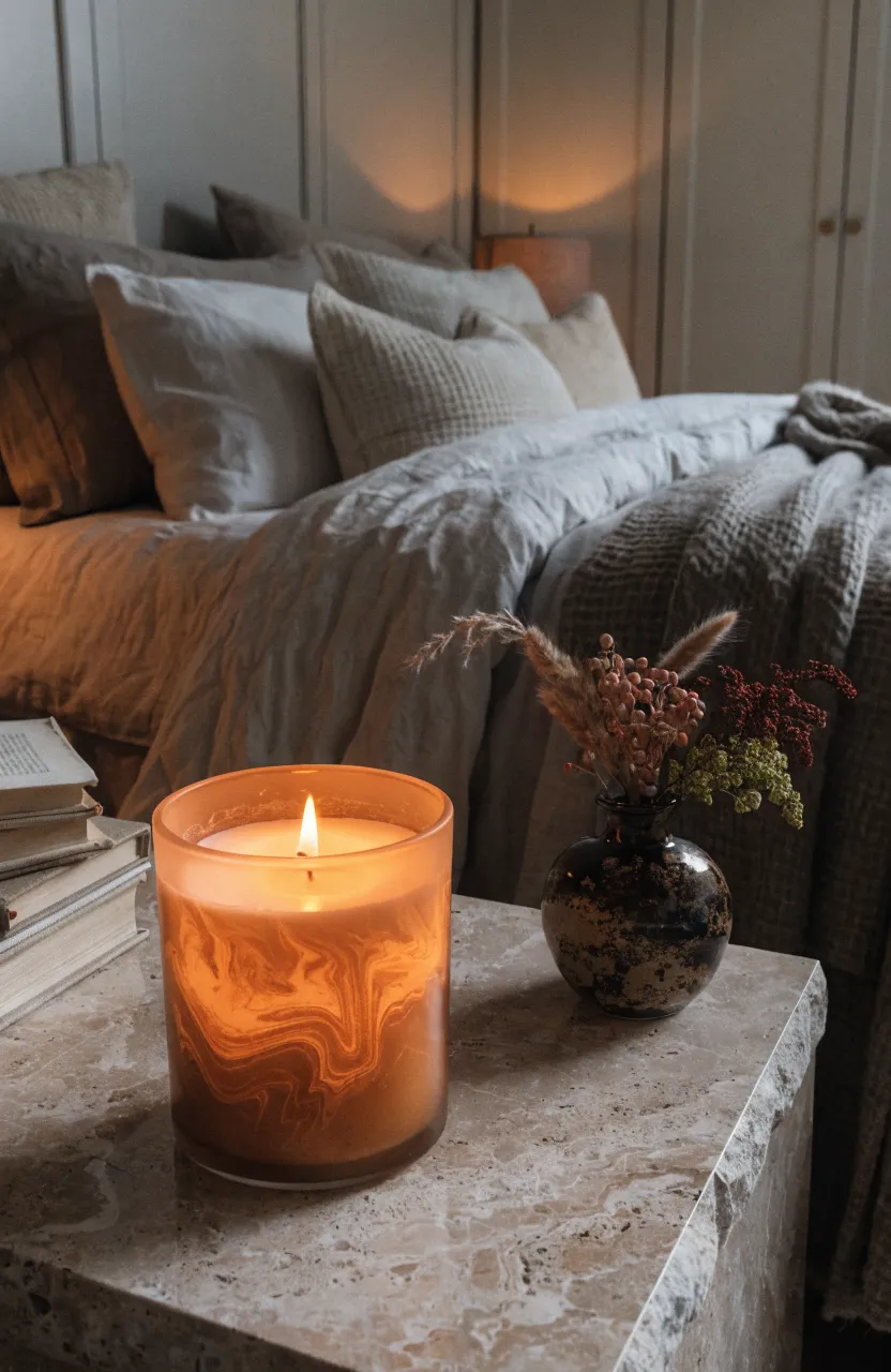 A flickering amber candle in a frosted jar on a nightstand in a cozy, warm beige bedroom.