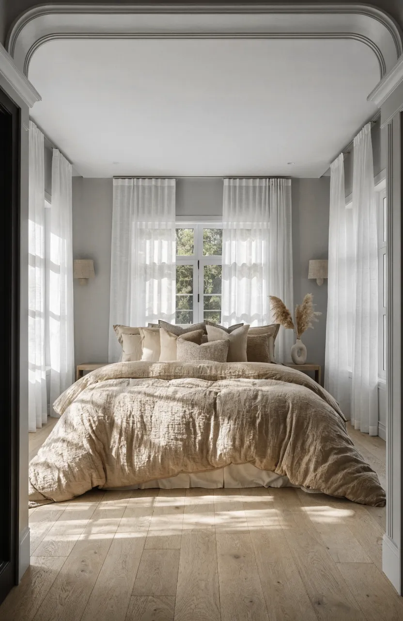 A calm bedroom with light grey walls and a thick warm beige comforter on a large bed.