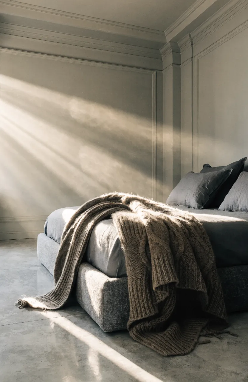 A chunky taupe knit blanket draped over a charcoal grey bed frame in a modern room.