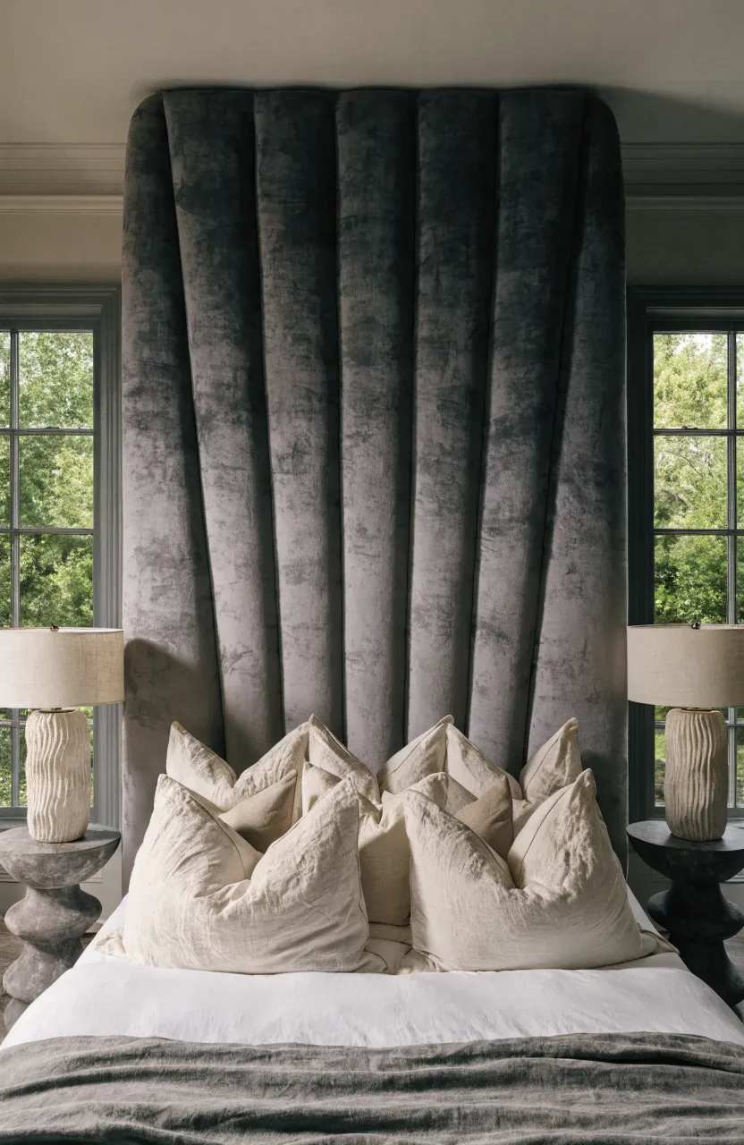 Cream linen pillows leaning against a dark charcoal grey headboard in a luxury bedroom.