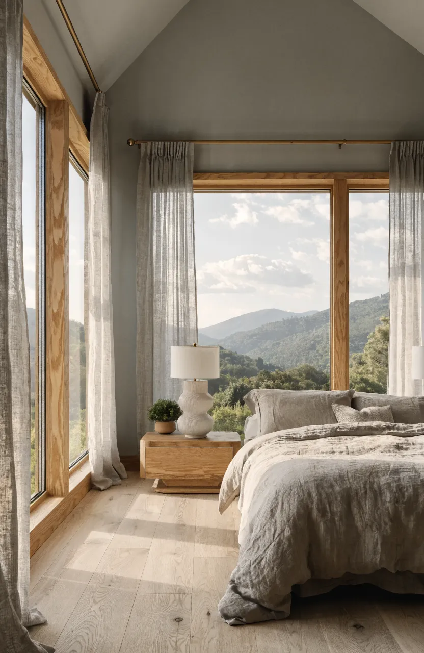 Light oak wood nightstands next to a bed in a bright room with soft grey walls.