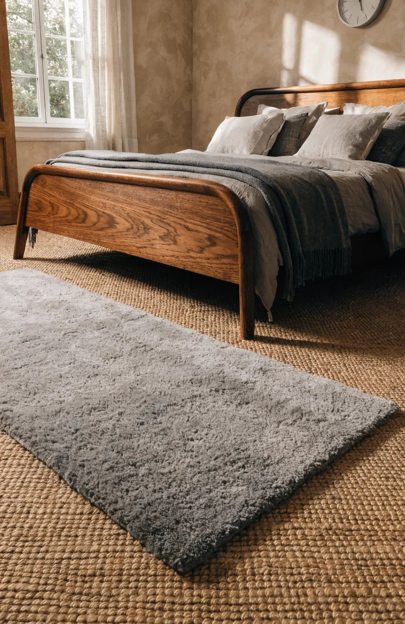 A plush grey rug layered over a large tan jute rug on the floor of a neutral bedroom.