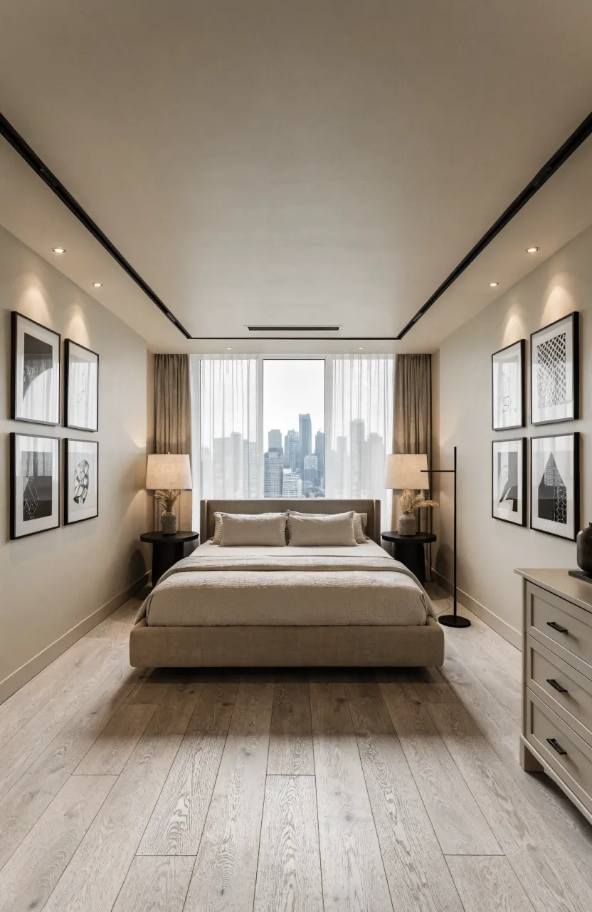 A beige bedroom with modern matte black lamps and picture frames for contrast.