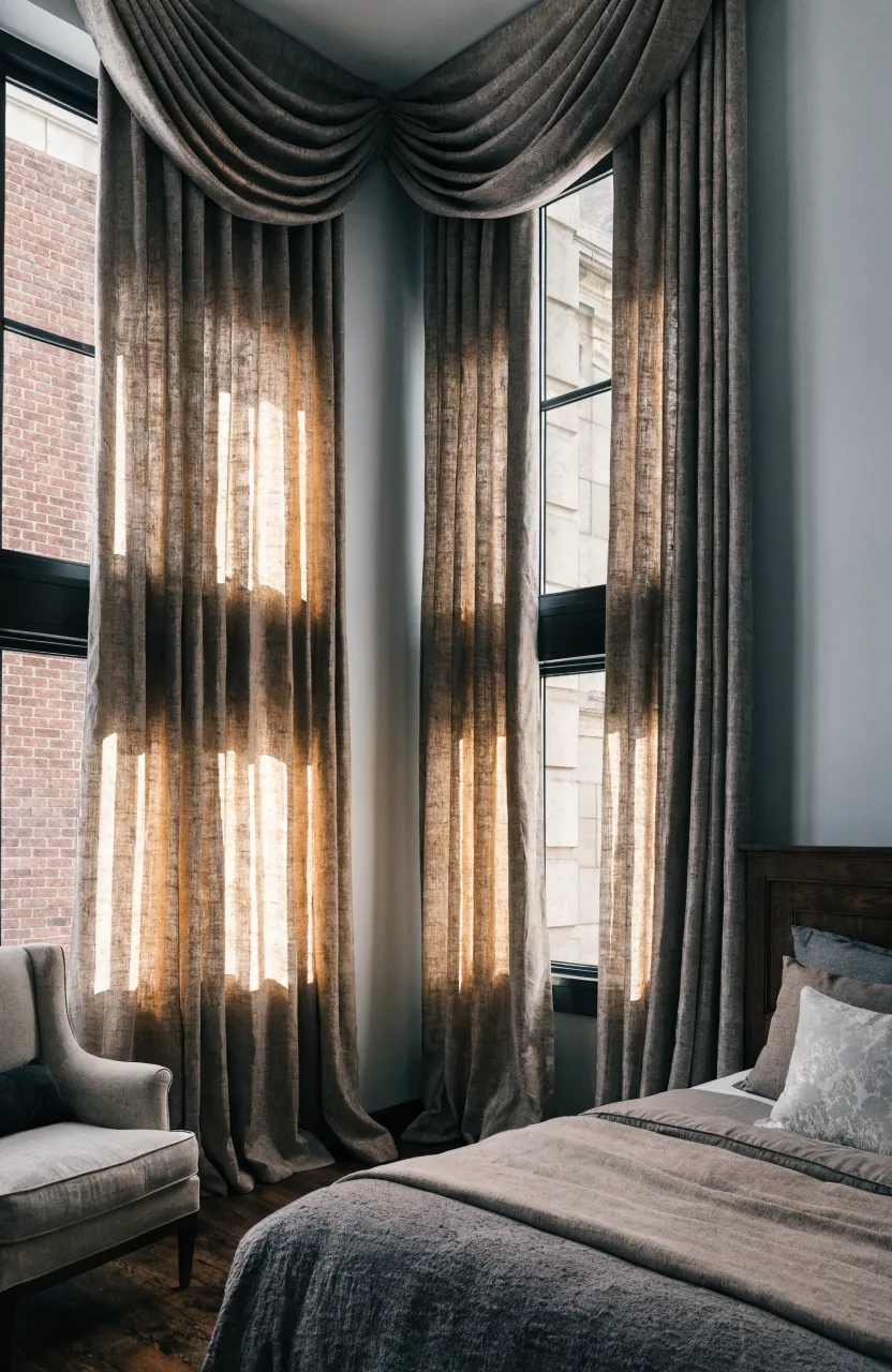 Floor-to-ceiling taupe curtains hanging against light grey walls in a peaceful bedroom.