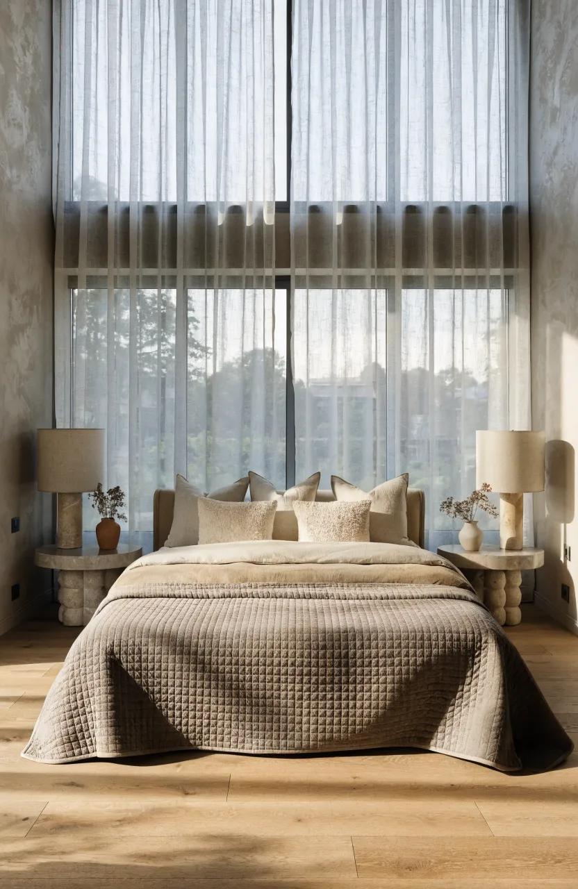 A professionally styled bed with a quilted grey coverlet and beige sheets in a bright room.