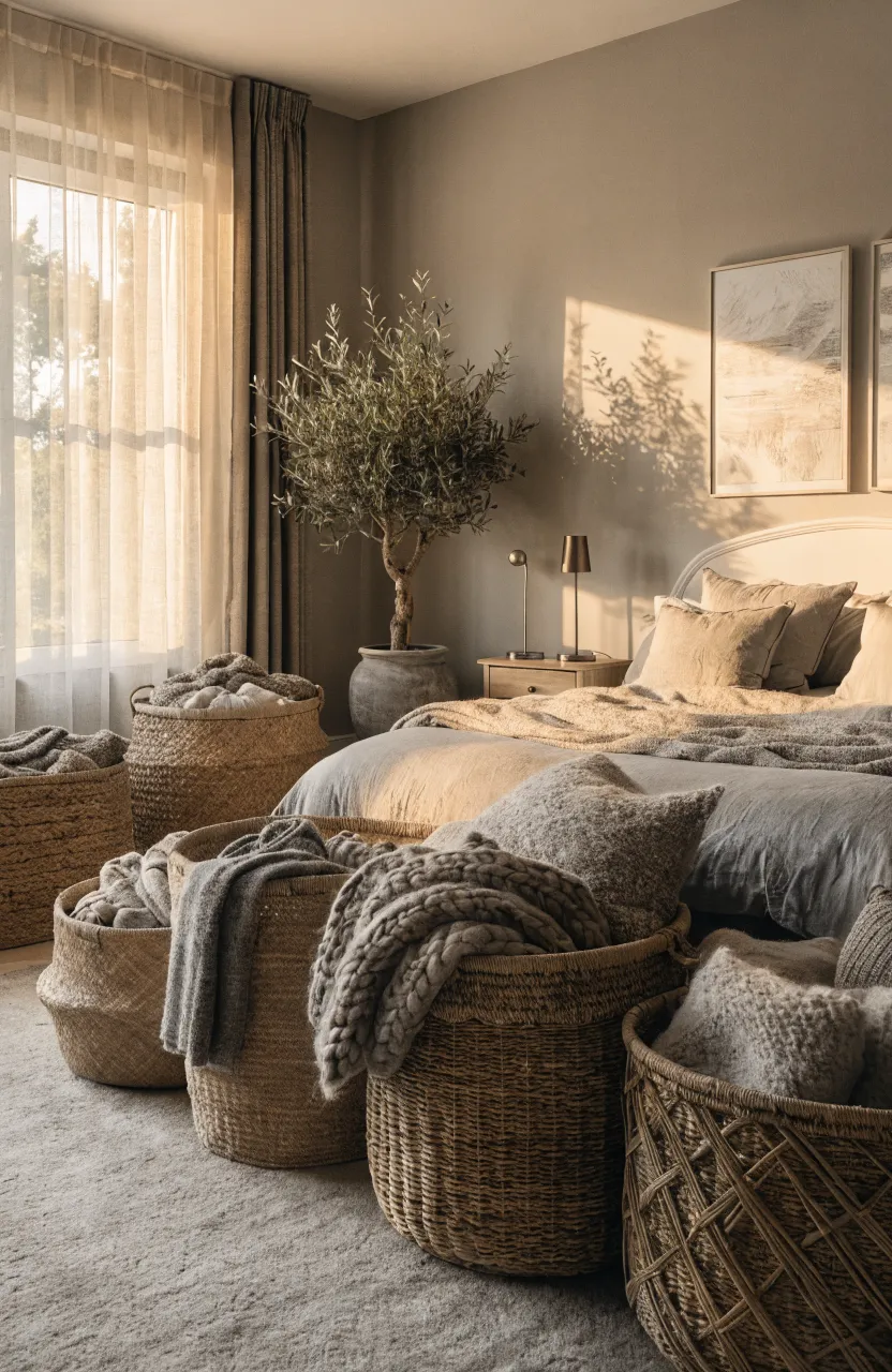 Woven wicker baskets used for storage in a calm taupe and grey bedroom.