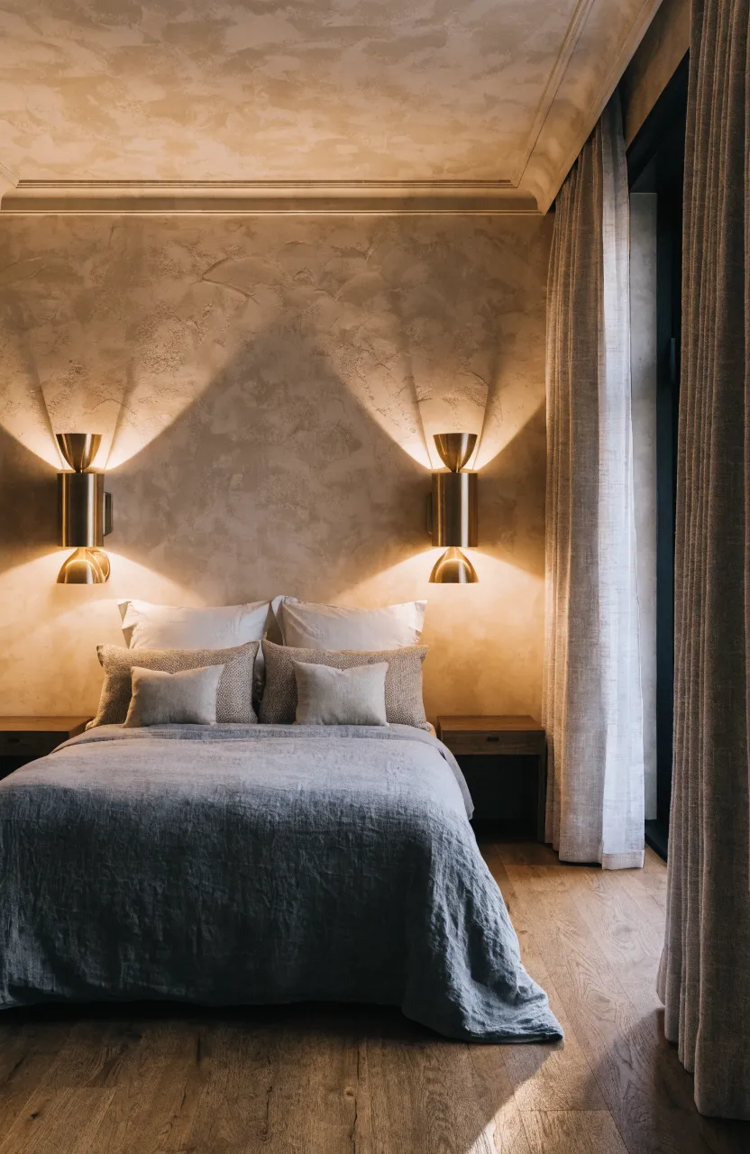 Brass reading lamps mounted on a warm beige wall in a luxury neutral bedroom.