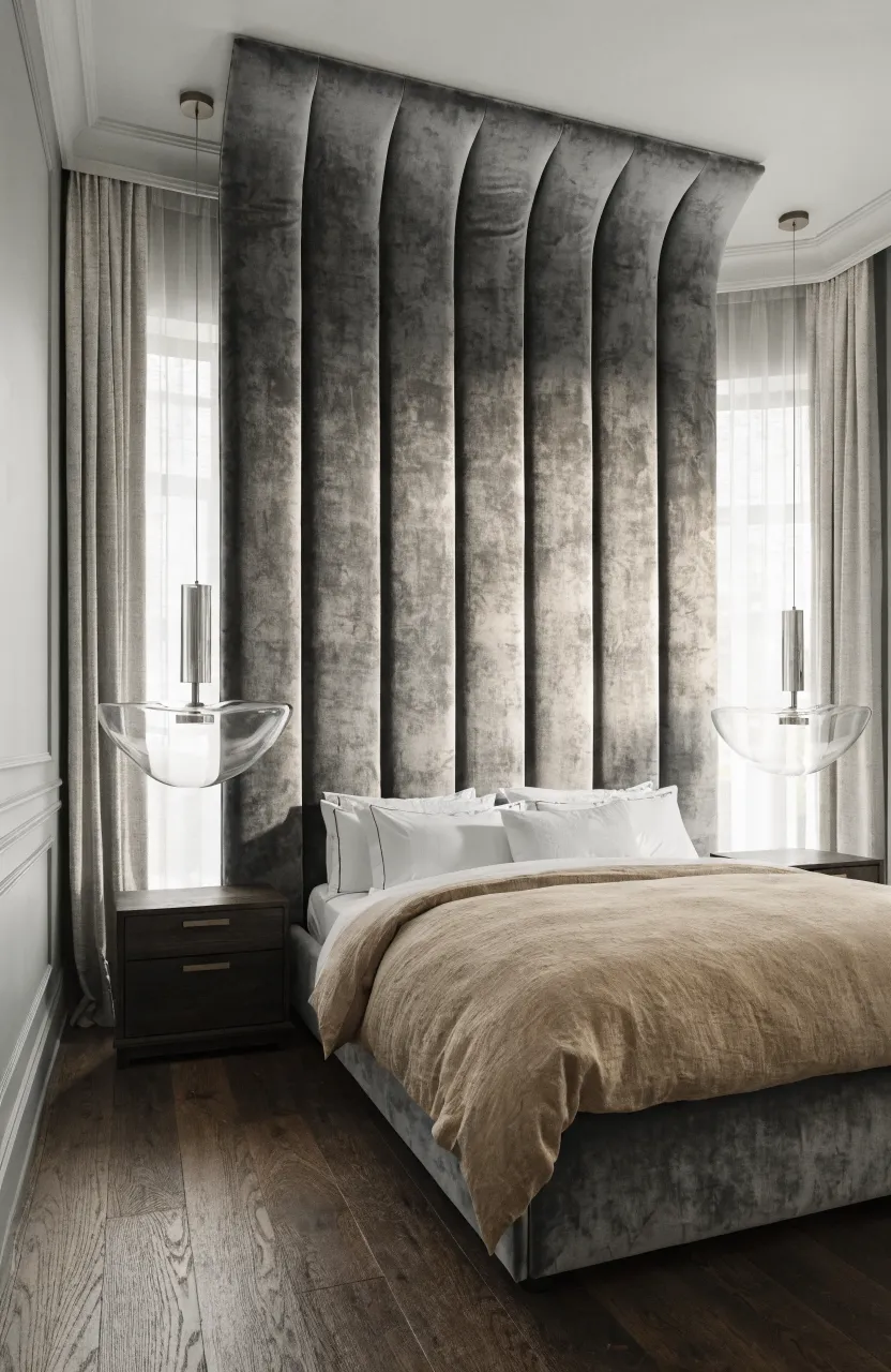 A luxury velvet grey headboard paired with crisp white and beige bedding.