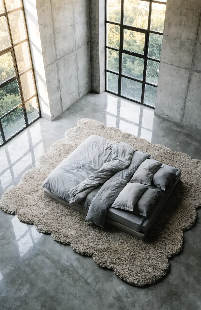 A plush beige area rug on a polished concrete floor in a modern grey bedroom.