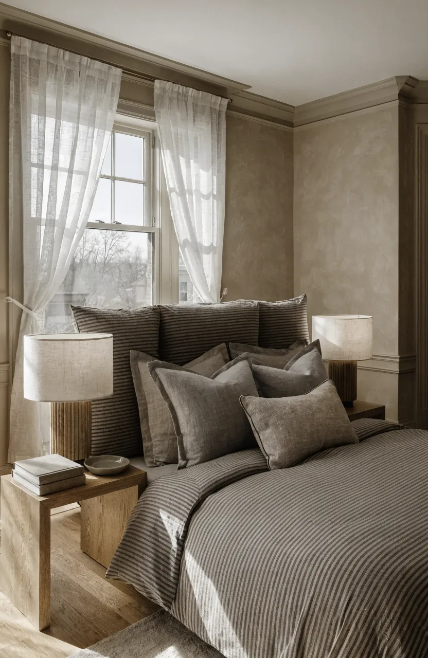 A wide shot of a calm bedroom featuring a bed with elegant taupe and grey striped linens and neutral decor.