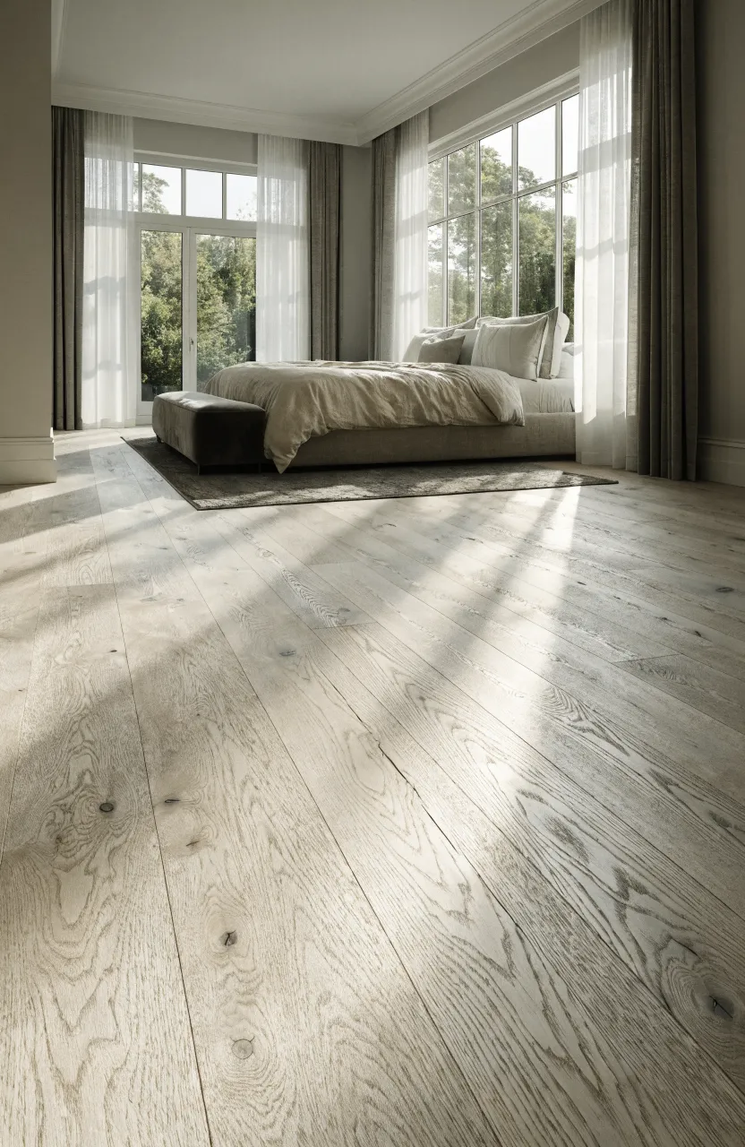 Wide view of a bright bedroom with light bleached oak floors, grey walls, and neutral furniture.