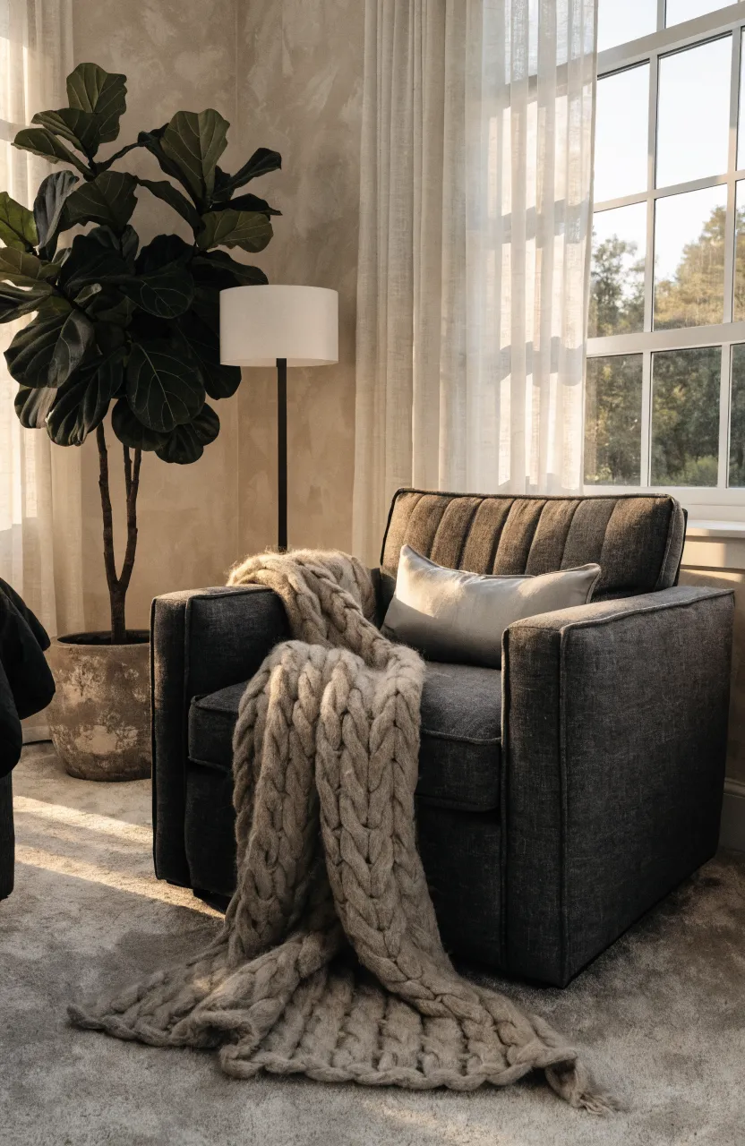 A dark grey armchair in a bedroom corner styled with a thick beige knit throw blanket and warm lighting.