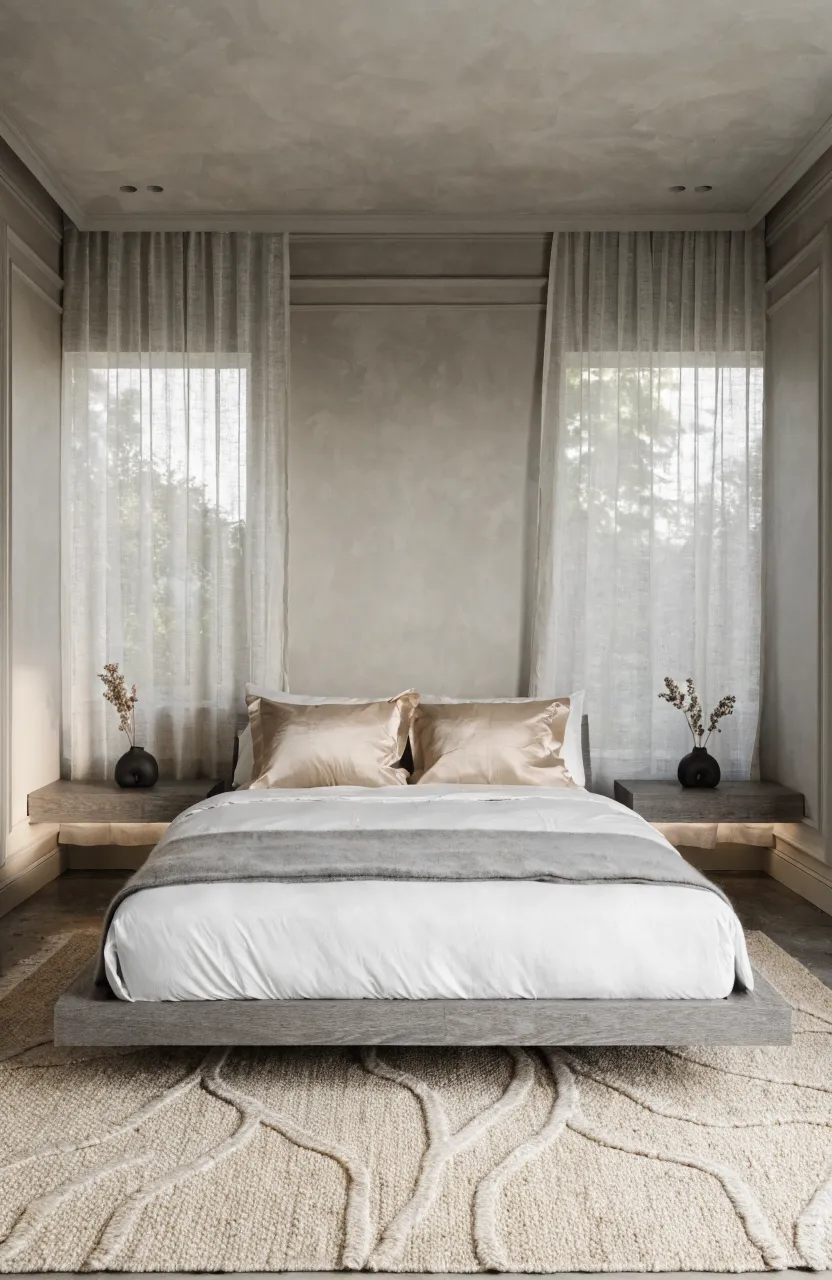 A sleek grey platform bed with shimmering beige silk pillowcases in a minimalist, neutral bedroom.