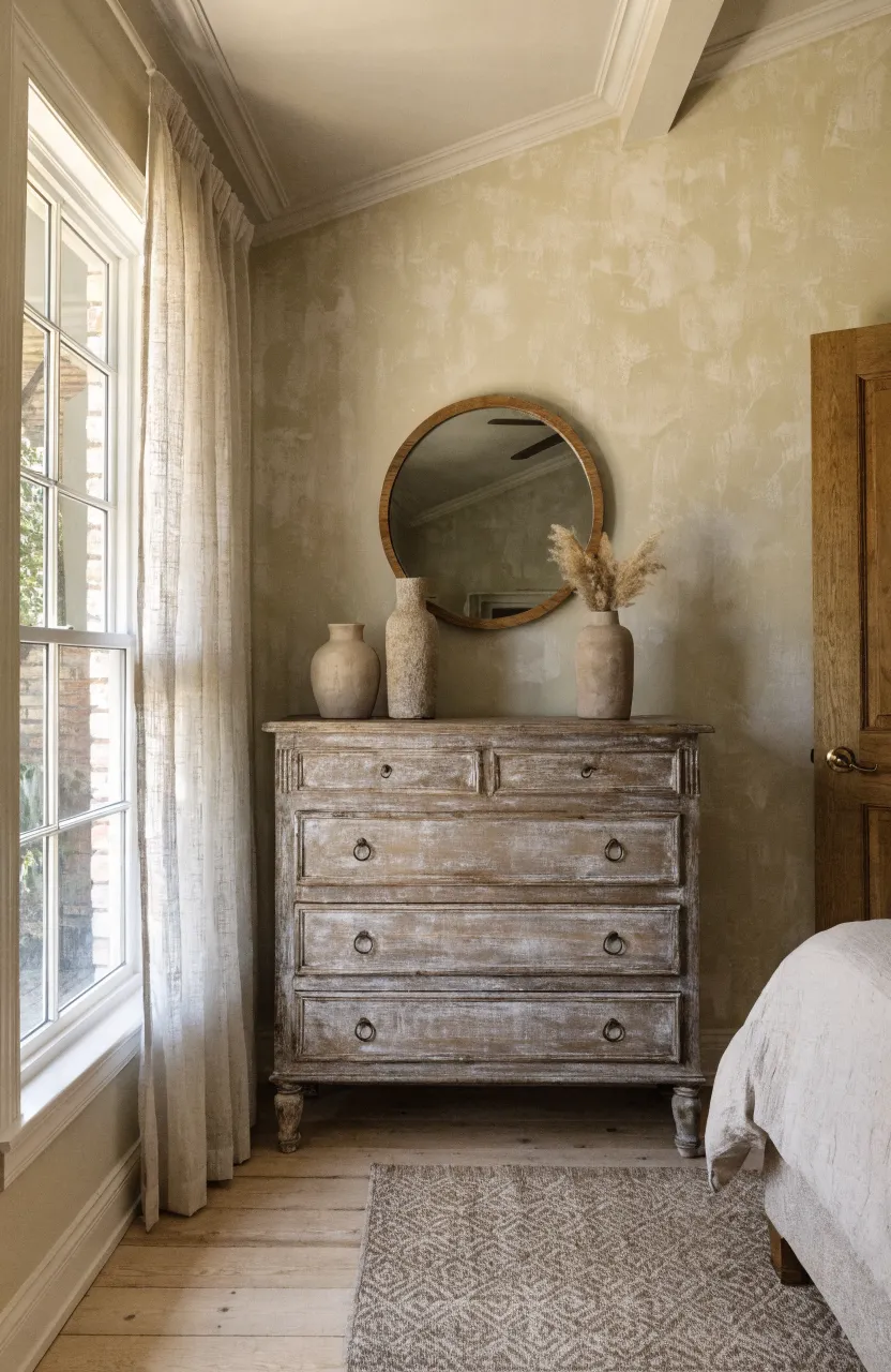 A distressed grey wood dresser decorated with beige vases against a warm beige bedroom wall.