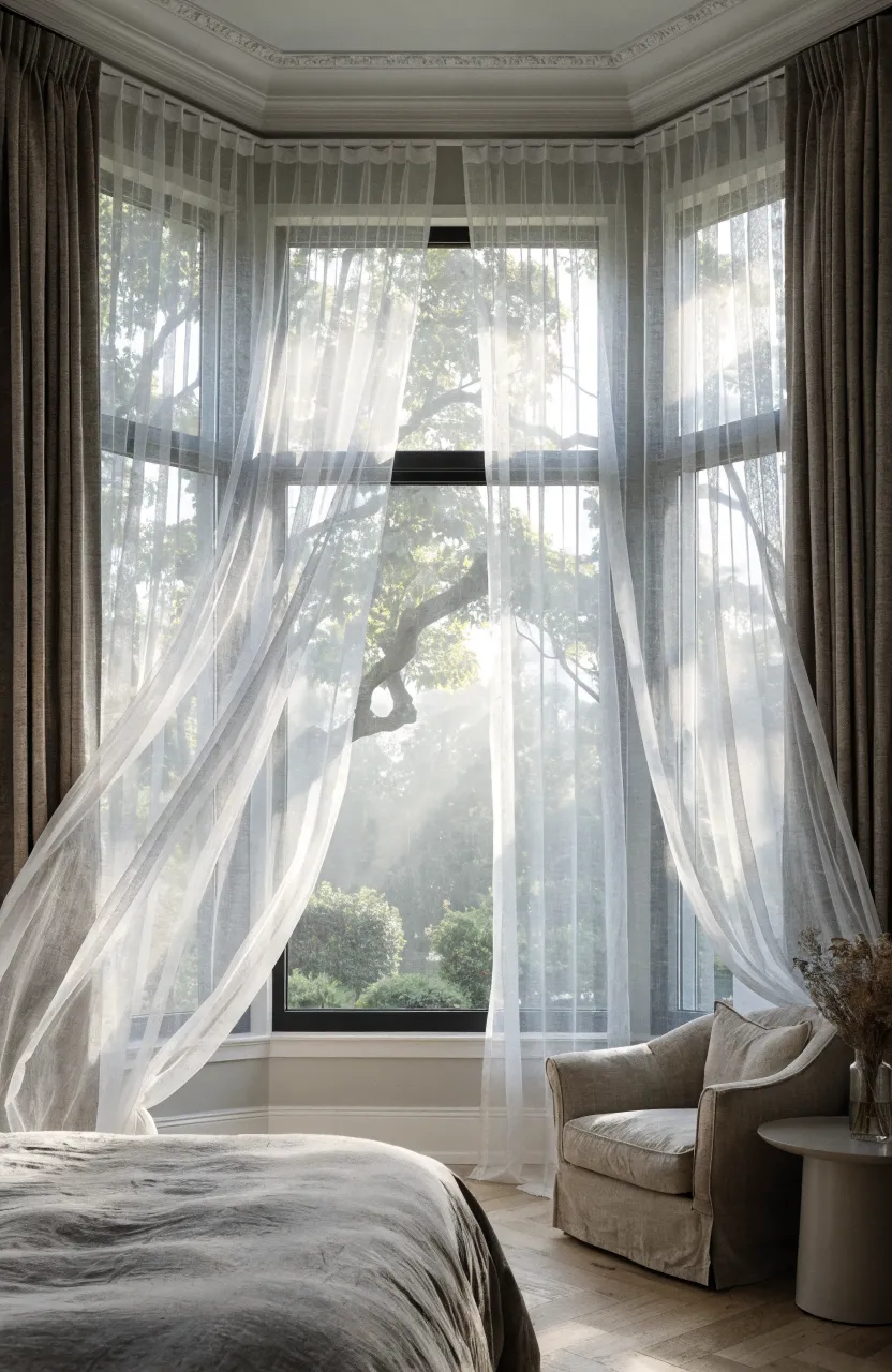 Elegant layered curtains with white sheers over taupe blackout panels in a bright, neutral bedroom.
