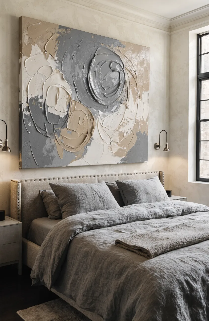 A large abstract painting in grey and sand tones hanging above a beige headboard in a calm bedroom.