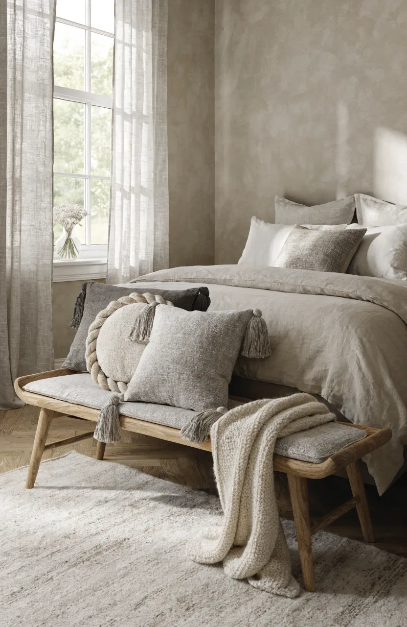A calm bedroom featuring a wooden bench with grey and cream tasseled pillows at the foot of a beige bed.
