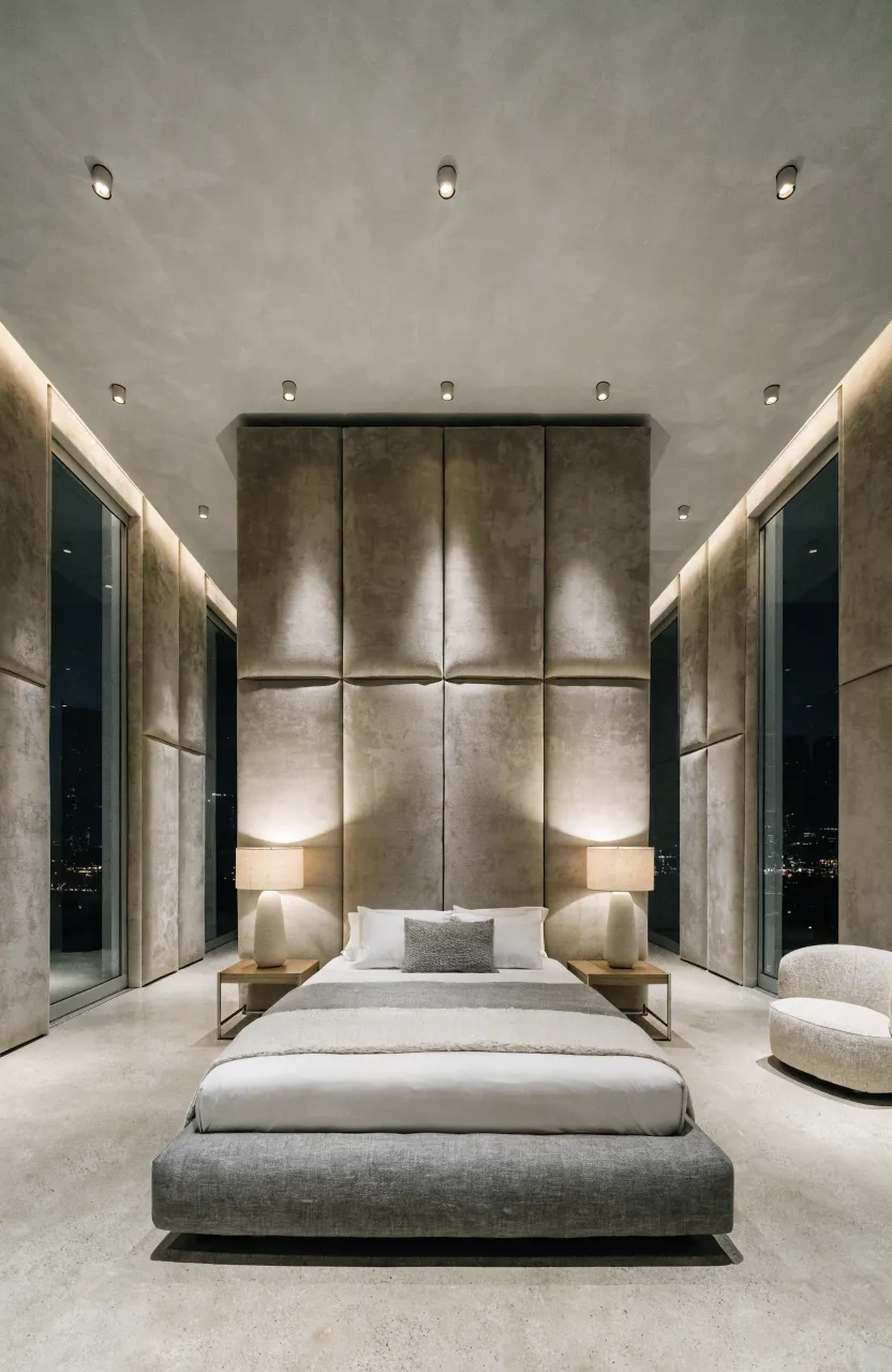 A sophisticated bedroom with vertical beige padded wall panels behind a modern grey bed frame.