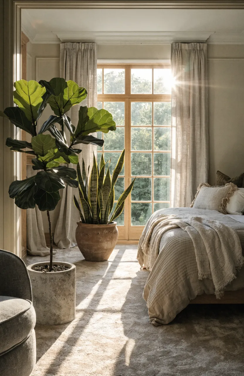 Lush green plants in stone pots brightening a modern bedroom decorated in beige and grey tones.