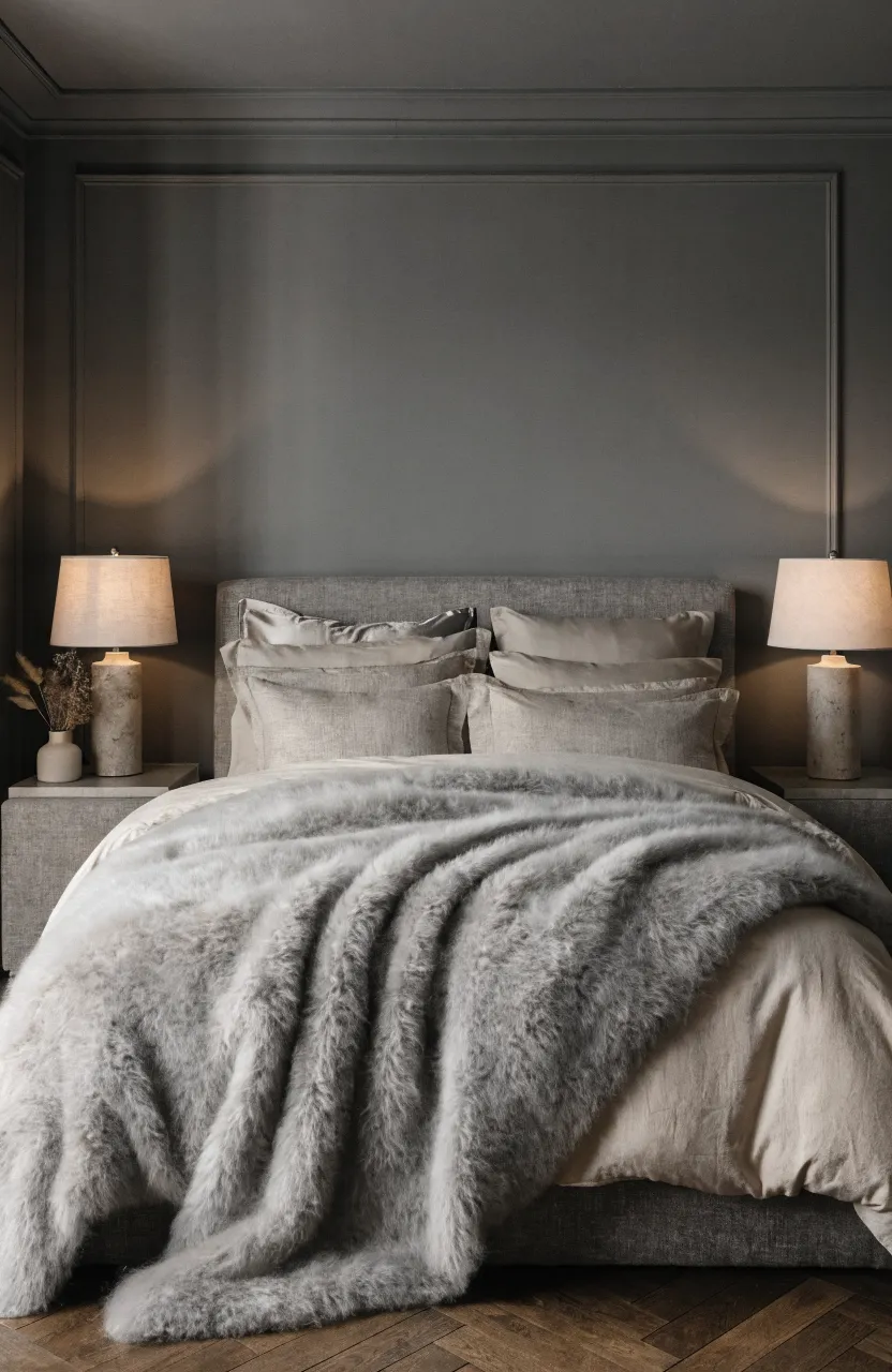 A cozy bed with a fuzzy grey mohair throw blanket layered over a smooth beige duvet in a neutral room.