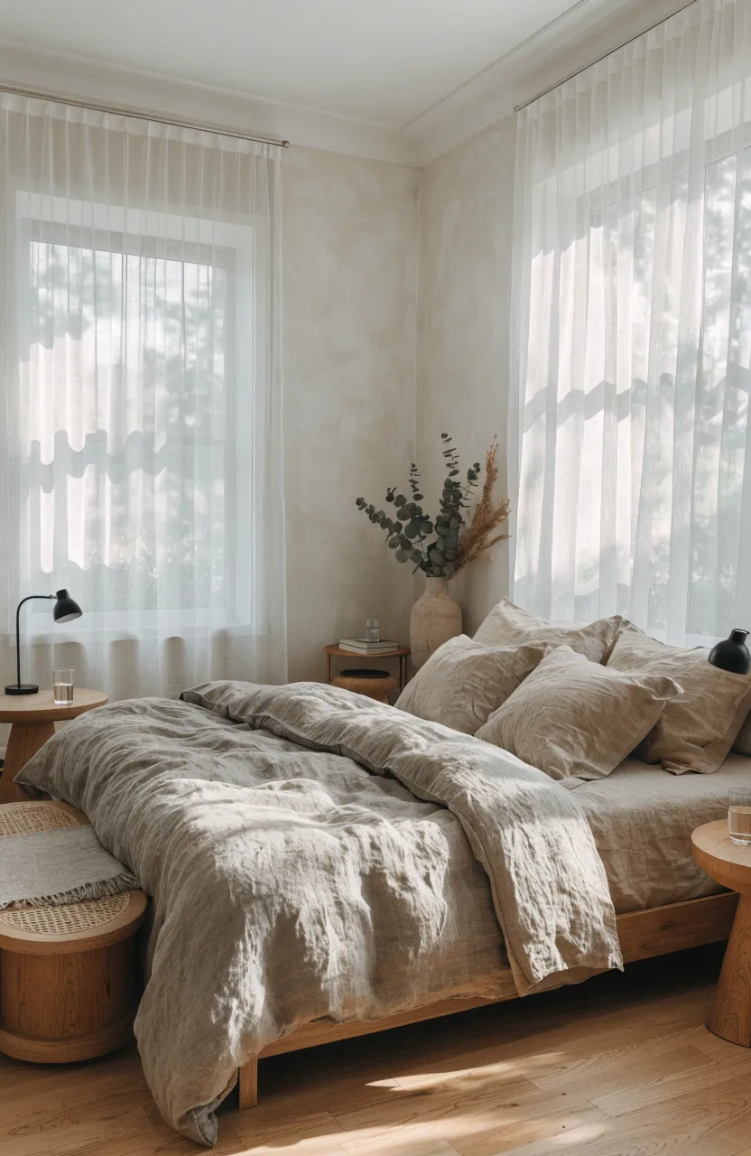 A cozy bedroom with layered linen bedding in sand and stone tones under soft morning light.