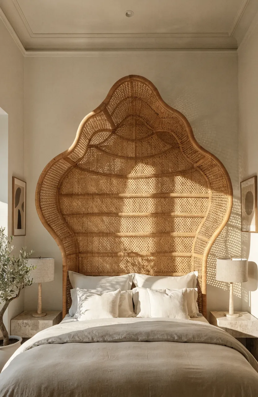A honey-toned rattan headboard with an open weave in a bright, warm beige bedroom.