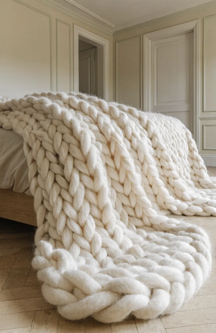 A thick, cream-colored chunky knit blanket draped over a bed in a neutral-toned bedroom.