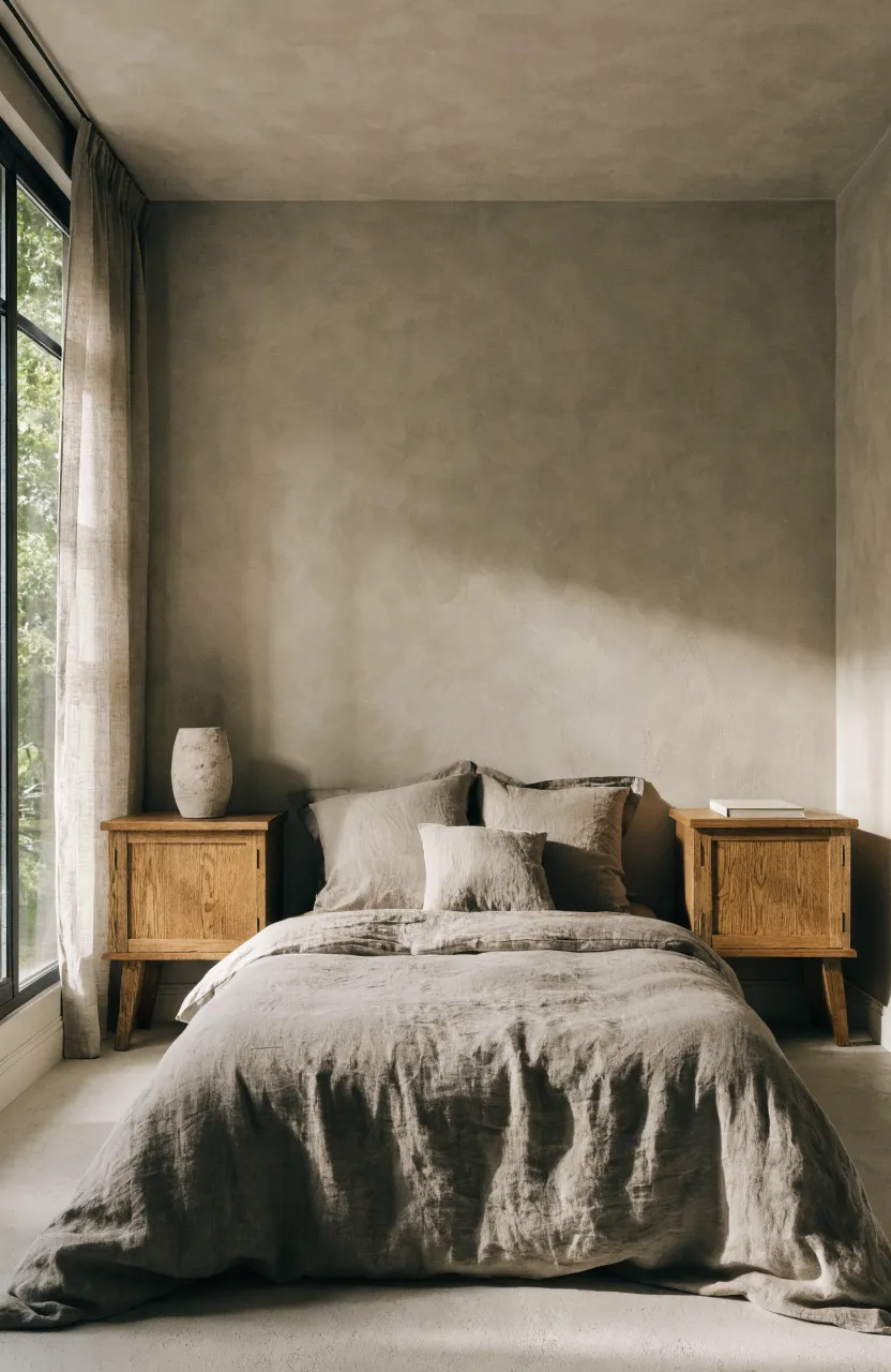 Two matte oak nightstands flanking a bed in a minimalist warm beige bedroom.
