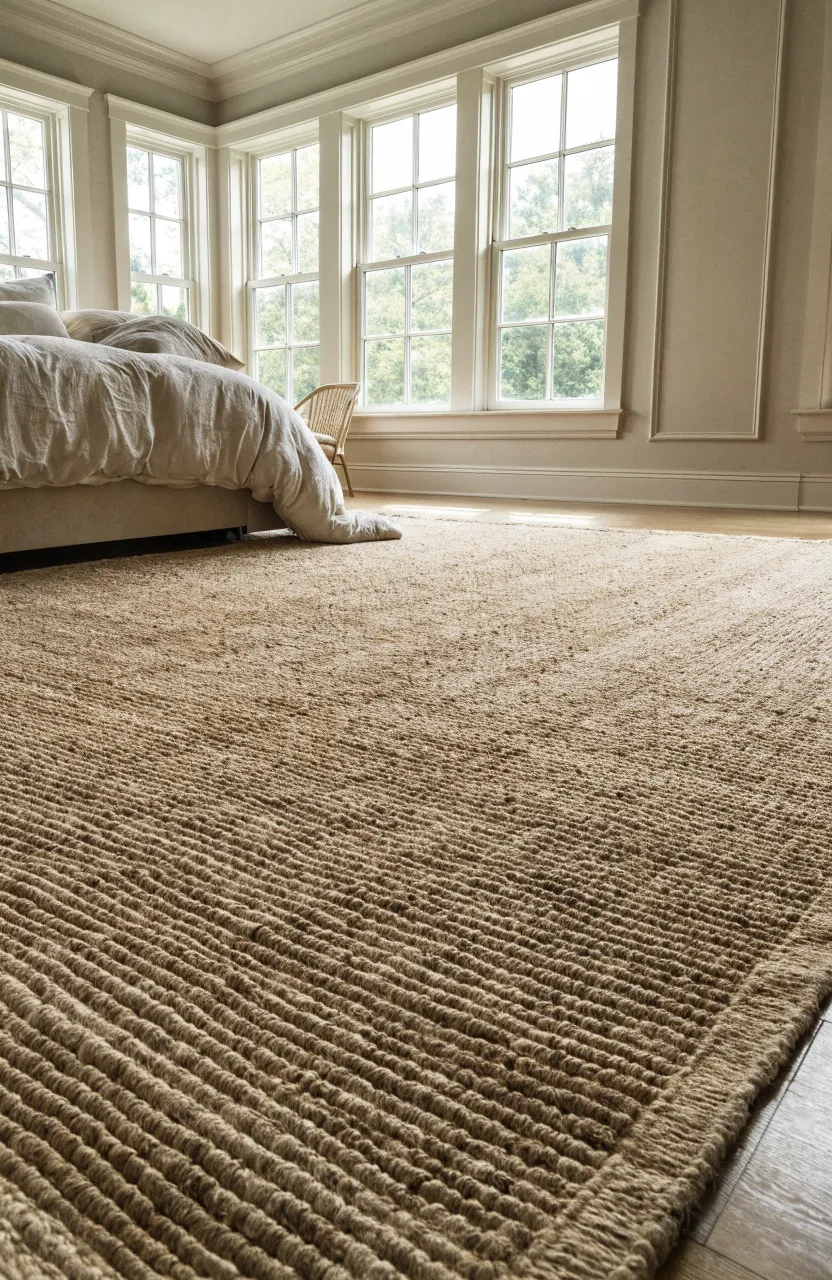 A large tan seagrass rug covering the floor of a bright, neutral-colored bedroom.