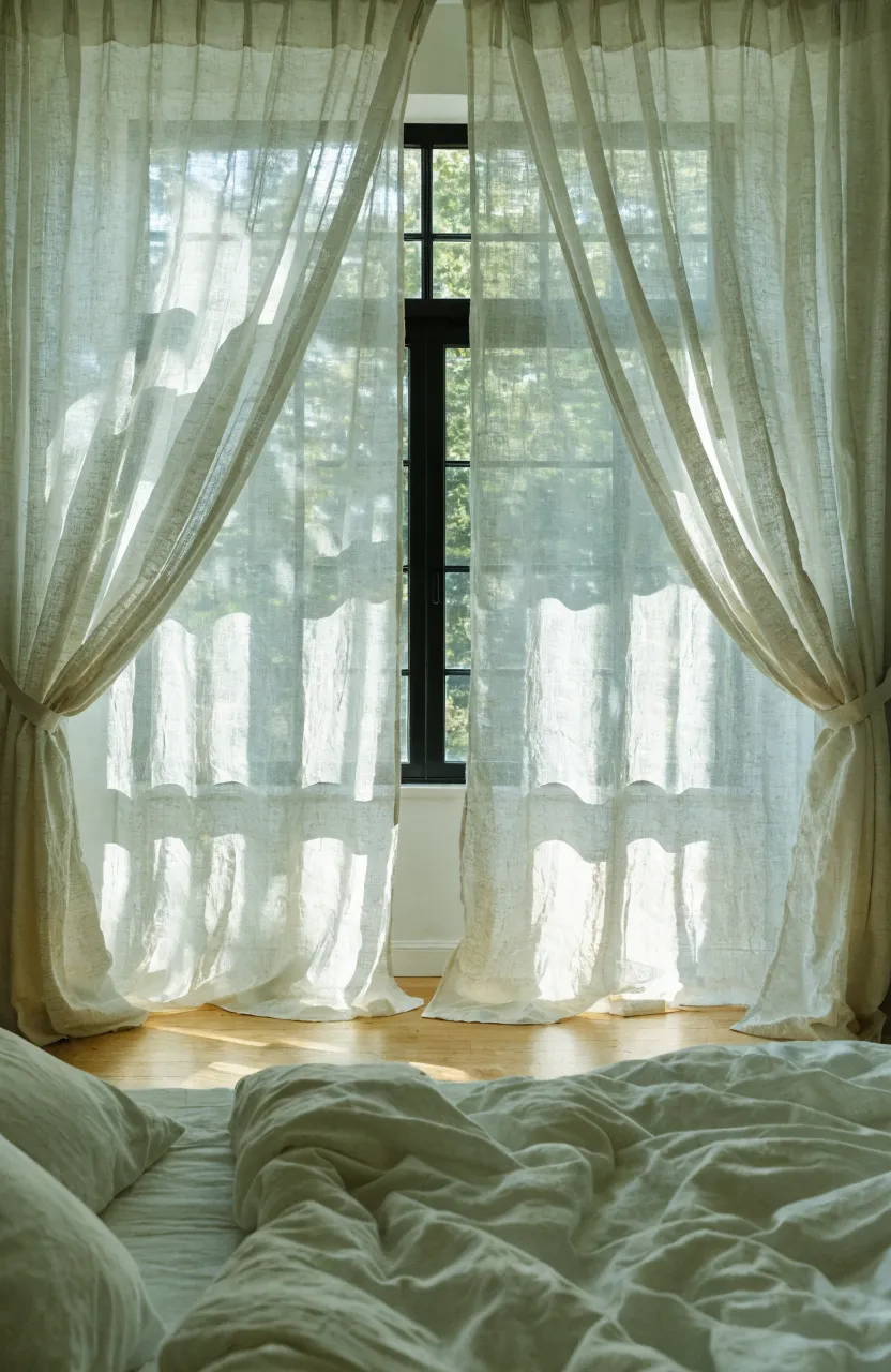 Sheer off-white linen curtains filtering sunlight into a bright, warm beige bedroom.