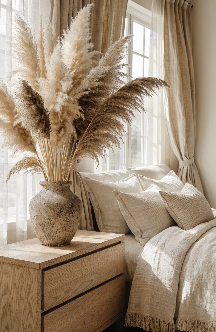 A fluffy pampas grass arrangement in a tan clay vase on a dresser in a warm beige bedroom.