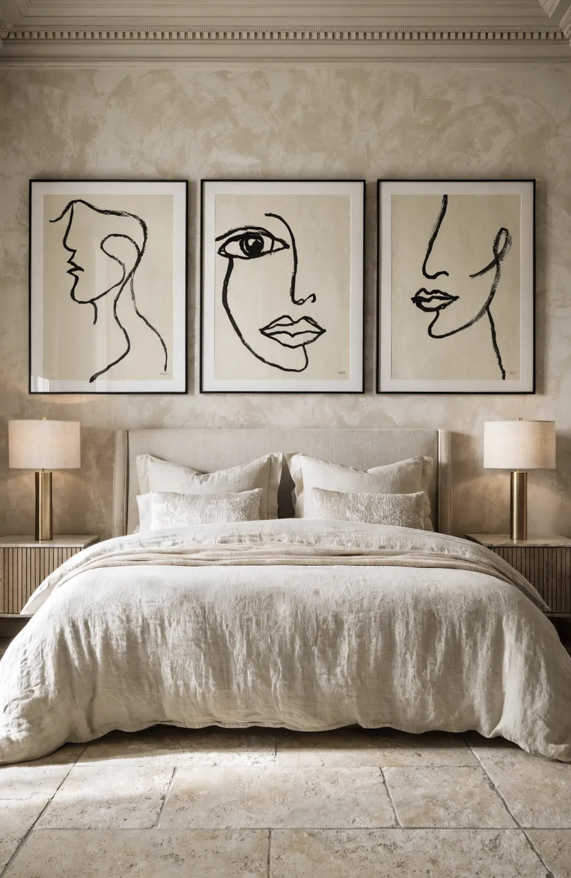 Minimalist black line art in frames hanging on a beige wall above a cozy bed.