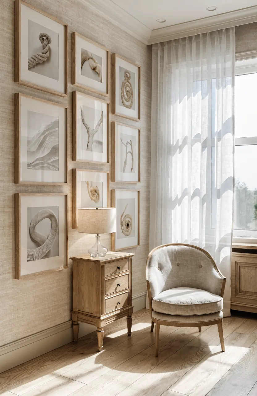 Light wood frames with wide white mats on a beige bedroom wall.