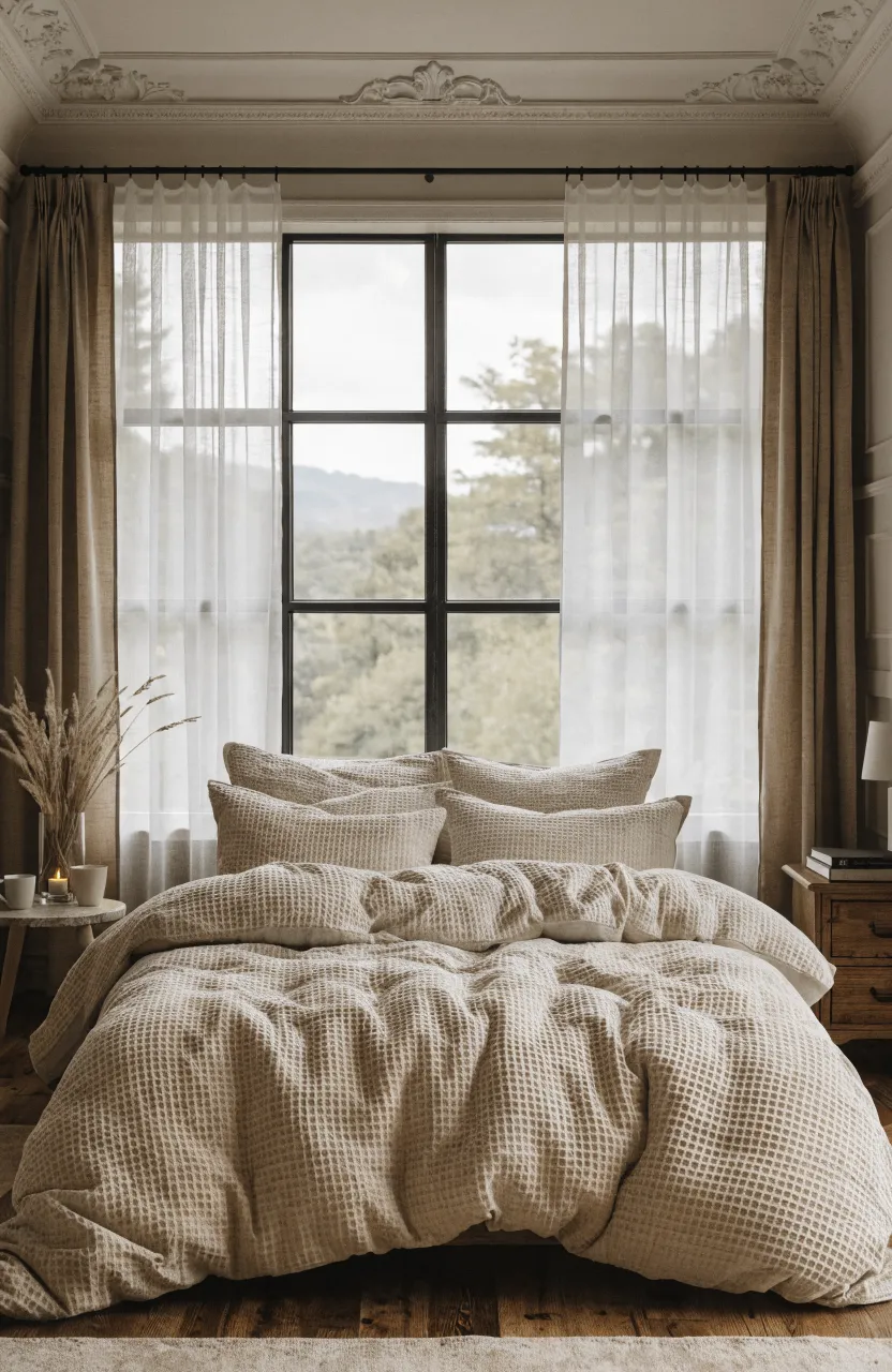 A bed with a textured beige waffle weave duvet in a bright, neutral bedroom.