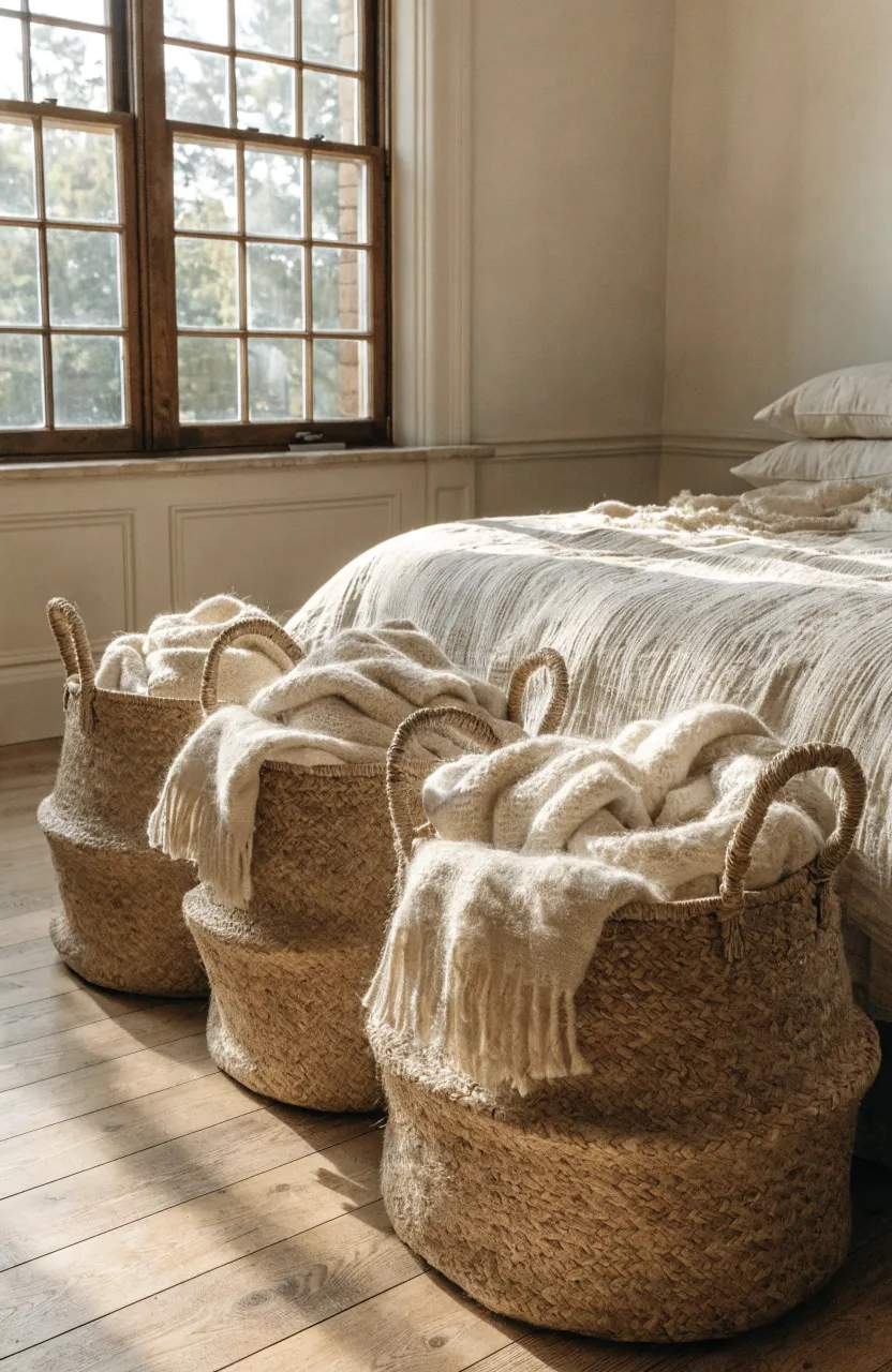 Woven jute baskets filled with blankets in the corner of a warm beige bedroom.