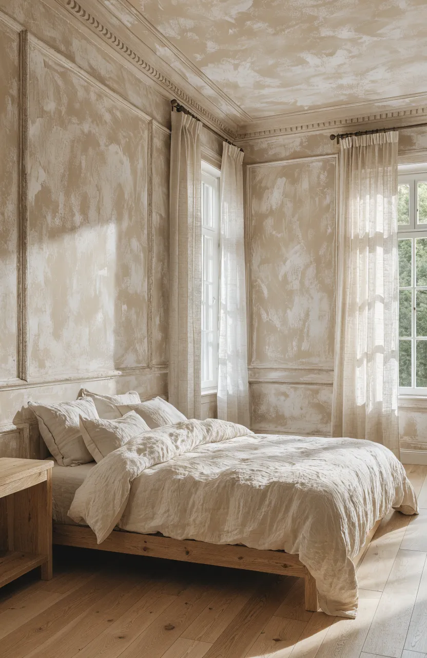 A wide-angle view of a warm beige bedroom featuring textured limewash walls and minimalist wooden furniture.