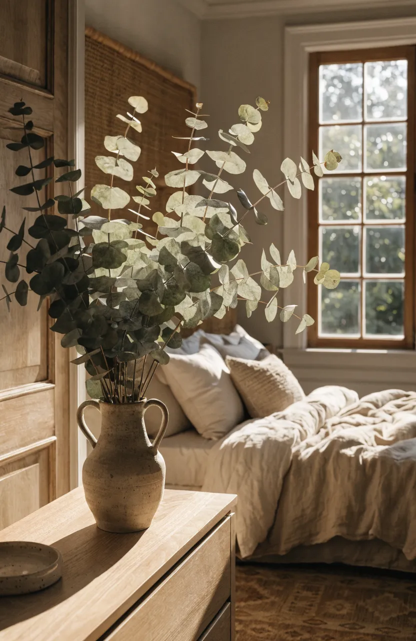 Dried eucalyptus in a stone vase on a dresser in a bright, warm beige bedroom.