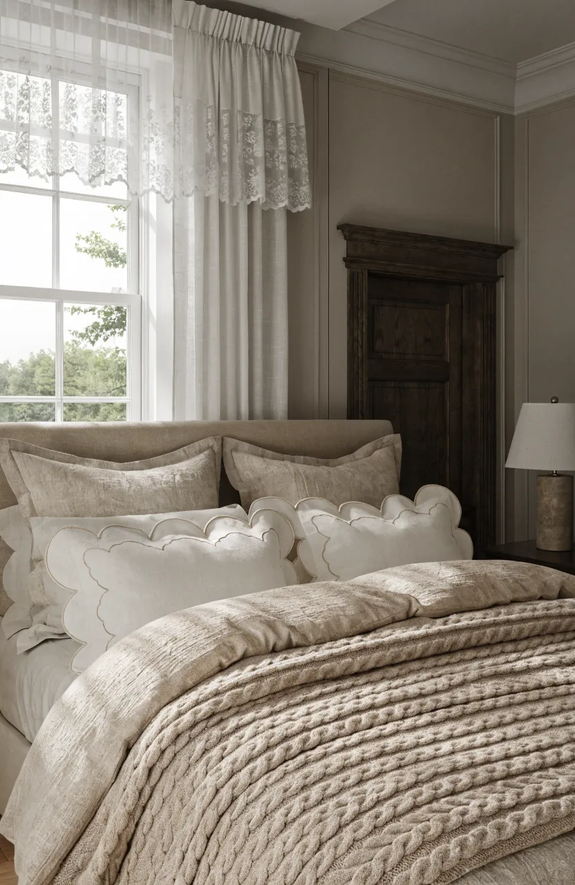 A styled bed in a beige room featuring white cotton pillowcases with decorative scalloped edges.
