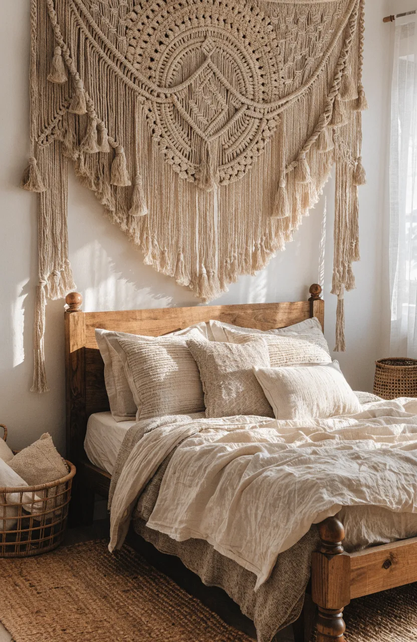 A large cotton macramé wall hanging above a bed in a cozy, neutral-toned bedroom.