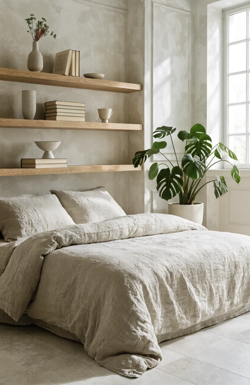 Light wood floating shelves with books and decor on a beige wall in a modern bedroom.