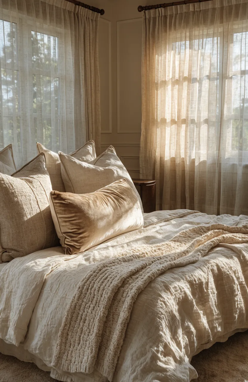 A champagne-colored velvet lumbar pillow on a bed in a sophisticated beige bedroom.