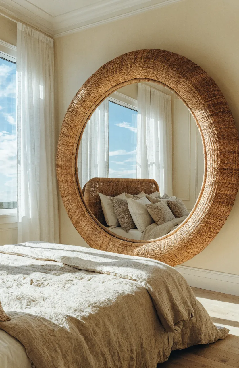 A round rattan mirror hanging on a beige wall, reflecting a sunlit and cozy bedroom.