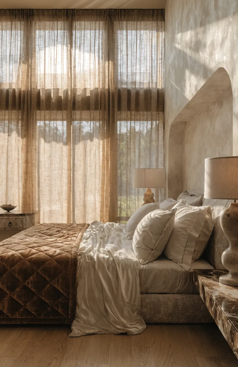 A toasted almond quilted bed runner sits at the foot of a bed in a warm beige bedroom.
